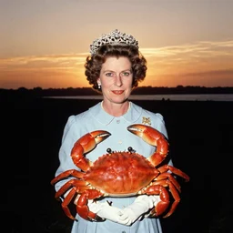 the queen of england dressed like a crab, in 1 9 8 5, sunset view, royalcore, low - light photograph, photography by tyler mitchell