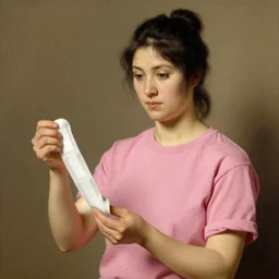 an female survivor in a pink t shirt holding bandages, art by j. c. leyendecker