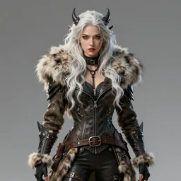 dragon hunter wearing a fur - lined dragonhide jacket!!! beautiful and badass wild white long haired female!! symmetry, character concept art, sharp focus, illustration, art by artgerm! greg rutkowski magali villeneuve wlop! ilya kuvshinov!! sylvain chomet and charlie bowater! octane render, unreal engine 5, highly rendered!!