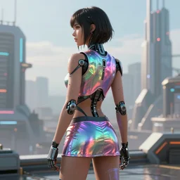 sci-fi movie still body portrait of wet jessica alba cyborg young woman standing from behind, overlooking a future city SF, facing away from the camera, bold shiny rave skirt and top :: trending on artstation, morning, anime girl, ue5, sci-fi concept art, pixiv, :: nixri, Greg rutkowski,::