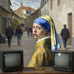a vermeer painting of a frightened young man in a street surrounded by people without eyes and crt television s 1 5 0