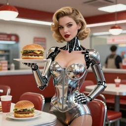 Highly-detailed cyborg girl in metallic bustier serving hamburgers at a 1950s drive-through, artstation trending, highly detailed, reflective, 4k