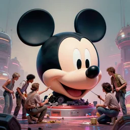 a group of people repairing the head of mickey mouse!!!!!!, retrofuturism art by eddie mendoza, cgsociety, dystopian art, concept art