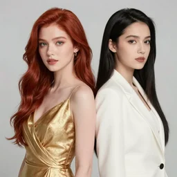 portrait of a woman with long red hair, very beautiful style,, in a gold dress, next to a woman with black hair and a white suit photorealism, against a winter garden, at sunset, vivian sassen, vanya comoretti,
