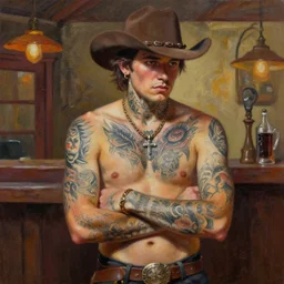tattoos chiomunk, oil painting, bad boy, saloon
