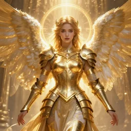 a portrait of a beautiful female angel wearing a golden armor with ornaments, shining light, golden hora, by nekro, concept art, fantasy