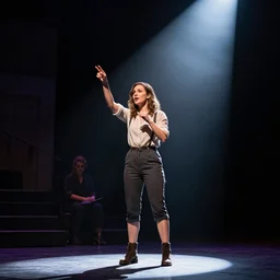 Broadway actress rehearsing a play on stage, one spotlight stage lighting cinematic photo