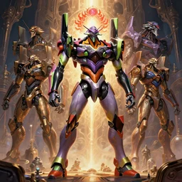spirit shaman power suit mecha. mobile combat suit artillery rococo robot, evangelion, droids, zoids, cyberpunk mechanoid, hyperdetailed illustration by irakli nadar, alexandre ferra, faberge, coral headdress, radiant light, detailed and intricate environment