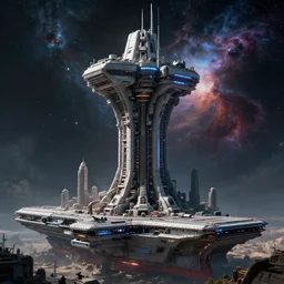 highly detailed cinematic scifi render of a 3 d sculpt of a military cyberpunk john harris'aircraft carrier tower'megalithic tower structure city in space, beeple, halo, star wars, ilm, star citizen, halo, mass effect, high tech industrial, artstation unreal, dramatic powerful nebula, 4 k, 8 k, hd