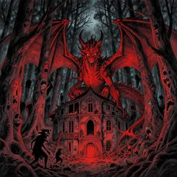 a landscape of a forest at hell by takeshi obata and mike mignola, hell, dragons!!, red and black!!, colored!!, abandoned building, forest, trees with faces!!, scary faces, small demons!!, shadows screaming!!, night sky, highly detailed, cgsociety, artstation, pencil and ink, very detailed