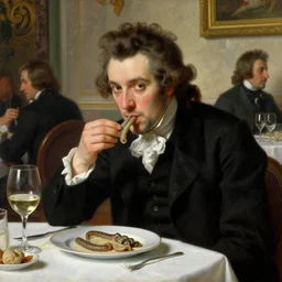 baroque oil painting handsome aristocrat in elegant black suit eating small cooked and sliced dune sandworm in a beautiful restaurant, painted by greg rutkowski cushart krentz jeremy mann alphonse mucha, dune sandworm, wine glass, marble interior, close up shot, soft lighting, morandi color scheme, white tablecloth, baroque style, volumetric lighting, photo realistic, highly detailed, sharp focus