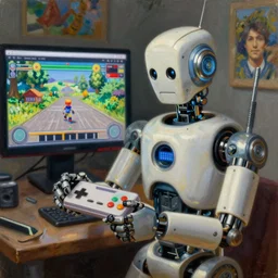 an elaborate robot holding a retro game controller in its hand, on screen video game shown in background, intricate details, hyperrealistic oil painting on canvas, deep depth field, hd, hdr, 4 k, 8 k, by gerardo dottori and simon stalenhag and monet, oil on canvas