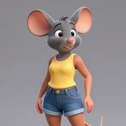 3 d render, portrait, upper body shot, mid shot, anthropomorphic mouse, female, wearing denim short shorts and a off yellow tank top shirt, in the style of disney's robin hood