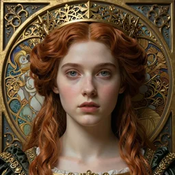beautiful young medieval queen face centered portrait by james jean, zdzisław beksinski, iris van herpen, raymond swanland and alphonse mucha, hyperdetailed realistic smooth polished porcelain, jean delville, art nouveau, ornate gothic icon with heavy patina, ultrasharp hyperdetailed photorealistic octane render