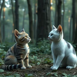 movie still of two cats arguing in the forest, cgi