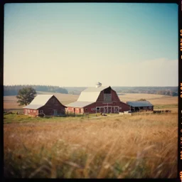 kodak portra 4 0 0, extreme fisheye, wetplate, muted colours, no people, 1 9 3 0 s award winning colour portrait of a beautiful landscape, sunshine, haze, farm barns, red dead redemption 2, by saul leiter, insanely detailed, insanely intricate, depth of field, motion blur, blueberry teal creme orange colours, no people