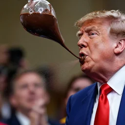 donald j. trump spraying chocolate pudding from his mouth onto liberals