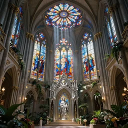celestial cathedral atrium, hanging gardens, stained glass, gothic, neo - gothic, art nouveau, hyperdetailed polished silver medieval icon, stefan morrell, daniel merriam, james jean, concept art, aetherpunk, unreal engine, detailed intricate environment, octane render, godrays, volumetric lighting, ultrasharp, majestic, ethereal