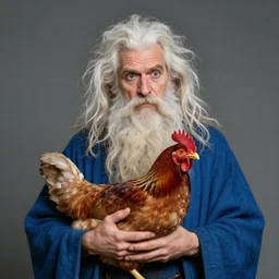 a portrait of a wizard holding his pet chicken in his hands by Tony Sart, confused facial expression, blue robe, long white beard, frizzy hair, crazy hair, messy hair, ArtStation, realistic, detailed