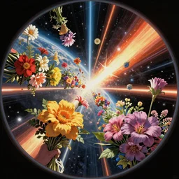 An epic fantastic realism comic book style painting of the most beautiful flowers launched into space, bouquets and solar flares, fisheye lens, unreal 5, DAZ, hyperrealistic, octane render, dynamic lighting