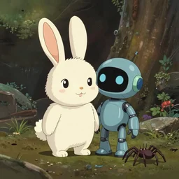 a wholesome animation key shot of a post apocalyptic 8 0's cute robotic bunny and spider by studio ghibli, animation, sharp, rendered in unreal engine 5, focused, anime key art by greg rutkowski, bloom, dramatic lighting