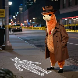 a personified ( orange llama ) wearing a 1 9 4 0's noire detective suit with fedora and brown trench coat, standing in the streets of chicago at night investigating a crime scene where a body outline is drawn in chalk on the sidewalk, digital art in 4 k