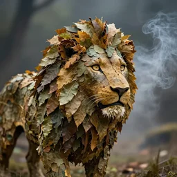 thick smoke, macro long depth of field shot of a realistic lion made of!!! leaves, headdress, wide aperture, dramatic light, dystopian environment, intricate, highly detailed, artstation, sharp focus, artgerm
