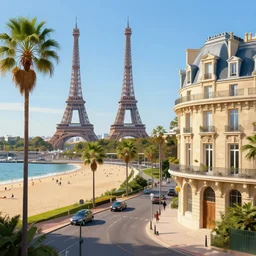 landscape of the beautiful city of paris built in california, amazing sunny weather, eiffel tower next to the beach, palm trees, splendid haussmann architecture, digital painting, highly detailed, intricate, without duplication, art by craig mullins, greg rutkwowski, concept art, matte painting, trending on artstation, octane render, 8 k