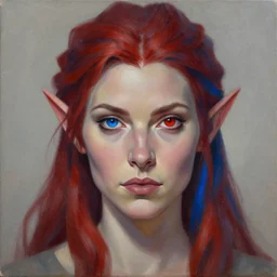 A detailed matte oil on canvas head on symmetrical portrait of a distinguished elven woman with a blue eye and a red eye, and red and blue hair by Charlie bowater and lise deharme wlop, trending on artstationhd,  dungeons and dragons art critical role