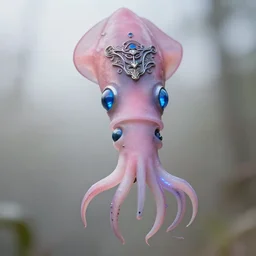 natural light, soft focus portrait of a cyberpunk anthropomorphic squid with soft synthetic pink skin, blue bioluminescent plastics, smooth shiny metal, elaborate ornate head piece, piercings, skin textures, by annie leibovitz, paul lehr