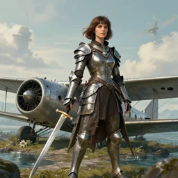 steam punk amelia earhart on a mystical island wearing armor fashioned from her crashed plane and a sword made from a plane wing.