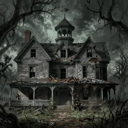 old mansion made in 1 9 2 0 in english cottage style, burned a while ago and now owner is trying to restore it, new england colonial architecture, arkham horror, terrific, insane, drider, hubris, creepy dungeon, lovecraft illustration, particles, by asher brown durand, by yoshitaka amano
