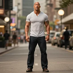 Dwayne Johnson as a thin, scrawny man, full height portrait, bokeh, 90mm, f/1.4