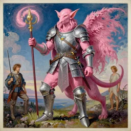 unique epic pink space elf knight adventurer, monumental painting by gerrit van honthorst and hajime sorayama and devis stuart, illusion surreal art, highly conceptual figurative art, intricate detailed oil illustration, controversial poster art, polish poster art 1 9 8 0