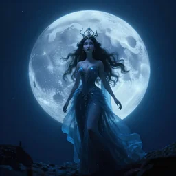 dark underwater portrait of the moon queen of the ocean by pixar, 1 0 0 mm