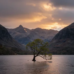 award winning landscape photography by colin prior, lone tree and loch in foreground with jagged mountains in background, sunset, dramatic lighting, clouds, atmospheric