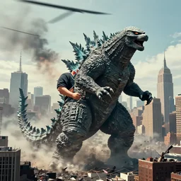 kim jongzilla destroying manhattan new york city, kim jong - un, godzilla, destruction, hyper realistic, helicopter photo