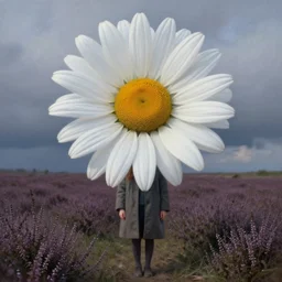 portrait, gigantic daisy flower the head, a girl wearing coat in heather field, surreal photography, wind and cold, dramatic sky, impressionist painting, digital painting, artstation, simon stalenhag