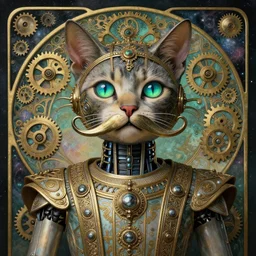 retro cat robot, large metal mustache, animal, muted colors, nebula background, glowing blue green eyes, detailed realistic surreal retrowave robot in full regal attire. face portrait. art nouveau, symbolist, visionary, baroque, giant fractal details. horizontal symmetry by zdzisław beksinski, gears, alphonse mucha. highly detailed, hyper - real,