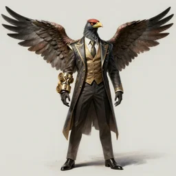full - body painting of realistic, an anthropomorphic bird man with scrolls on his arm, large wings, fancy suit, concept art by jon foster, featured on cgsociety, altermodern, concept art, speedpainting, official art, sharp focus, detailed, illustration