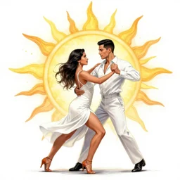 The sun is exploding while Latino Cubans Dancers Salsa Dancing  Gesture draw  by Stanley Artgerm Lau, sun exploding on the background, Gesture draw, Salsa Social Dance, couple, lady using yellow dress, guy using the purple fancy suit, Salsa tricks, explosive background, WLOP, Rossdraws, Gesture draw,  James Jean, Andrei Riabovitchev, Marc Simonetti, and Sakimichan, trending on artstation