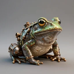 a studio photography of a steampunk amazon toxic frog sculpture with pipes made out of rusty metal, photo real, hyper detail, octane render, cinema 4 d, 3 d render, vray render, arnold render, blender