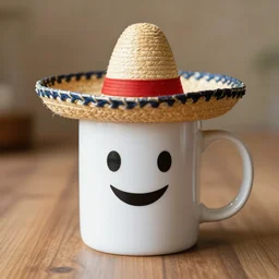 anthropomorphic coffee mug wearing!!!! a [ [ sombrero ] ], photograph,