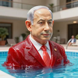 a giant benjamin netanyahu sculpture made out of juicy red jelly inside a pool, long shot, hyper detailed, hyper realistic, ray tracing, 8 k resolution, sharp focus, realistic water, award winning