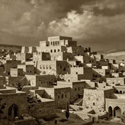 detailed sepia painting of the old city of Farum Azula