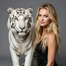 studio photo of a beautiful blonde girl next to a white tiger, studio portrait