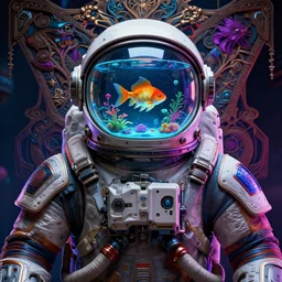 a cyberpunk astronaut, symmetrical bust, and the helmet is a fish tank, hyper detailed, colorful palette, masterpiece, ornate dark, suehiro moaruo, katsuhiro otomo, shintaro kago, cgsociety, octane render, ambient light