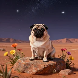 an Pug sitting on a rock on Mars surrounded by flowers, with the sky full of stars, digital art, trending on artstation, HDR
