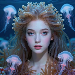 princess of sea anemones, gorgeous, realistic face, detailed anemone hair, jellyfish, artgerm, seb mckinnon, edouard bisson, translucent, 8 k portrait render, 🌊, 🐠, artstation, ultra realistic, cinematic lighting, painterly