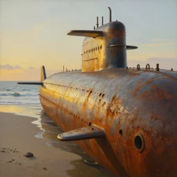 nc wyeth painting, vanishing point, perspective, beached submarine, incredible, award winning, up close, climbing, beaching, rust, sadness, golden hour